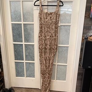 Windsor Elegant Sequin Nude and Gold Bodycon Evening Maxi Dress